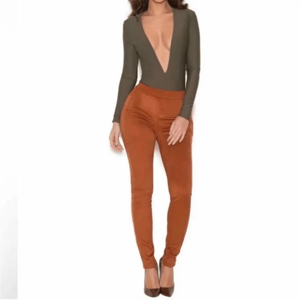 NWT House of CB Sazan Faux Suede Skinny Leggings Side Zip Tan Women's Size Xs